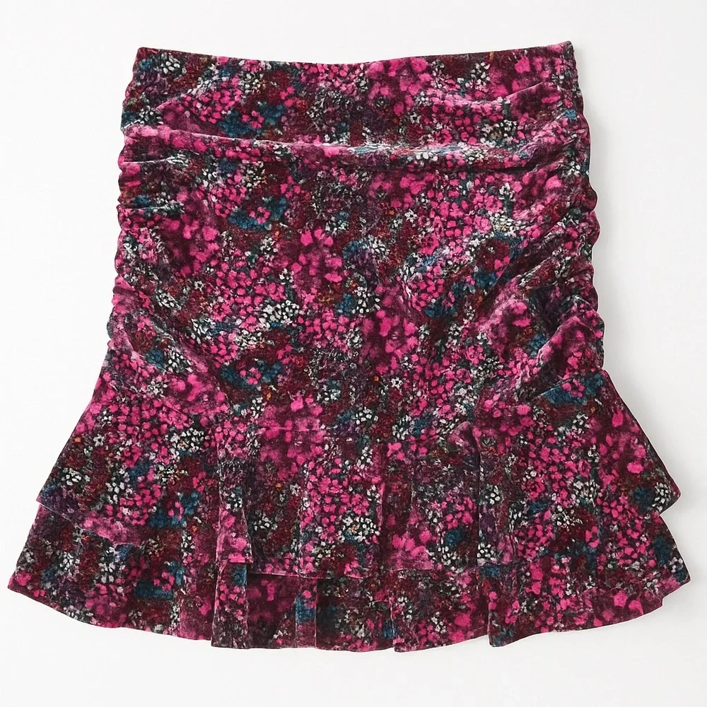 SO Floral Velvet Mini Skirt Ruched Ruffle Hem dark fairycore‎ size XS